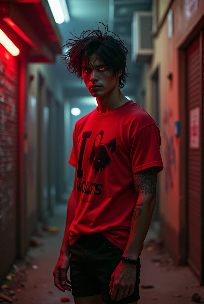 twenty-five year old man with disheveled black hair. Eyes red, black pointy nails, wearing a red shirt with the words "I love Wolfs" and black shorts. body skinny