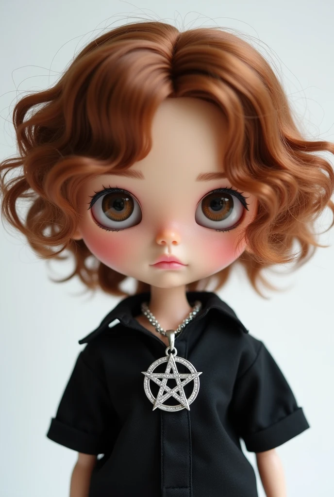 Blythe doll boy brown-copper hair, brown eyes, wavy hair,  pentagram necklace of silver color, black shirt, Bangs covering his forehead White background
