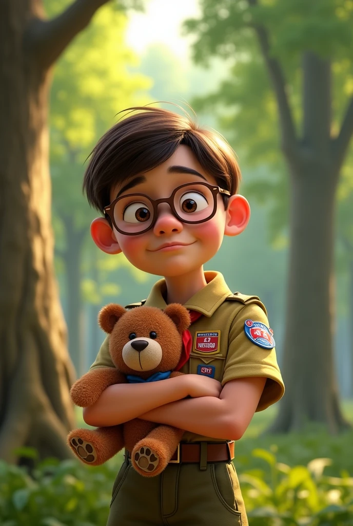  cartoon-like, pixar, wearing round glasses, holding a teddy bear, scout outfit,