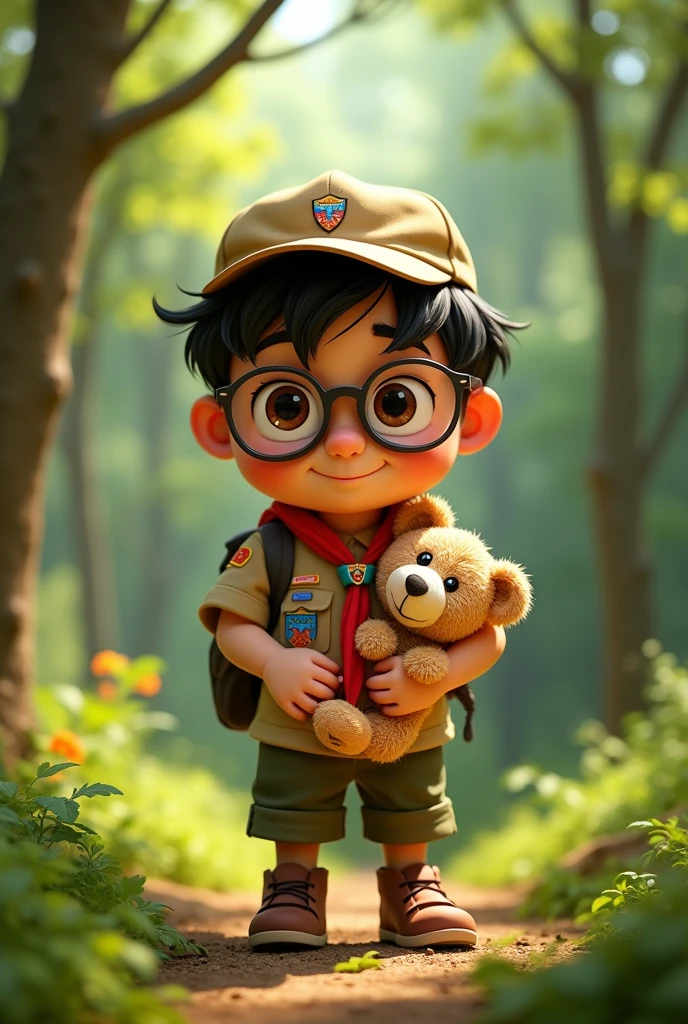 cartoon-like, pixar, wearing round glasses, holding a teddy bear, scout outfit,