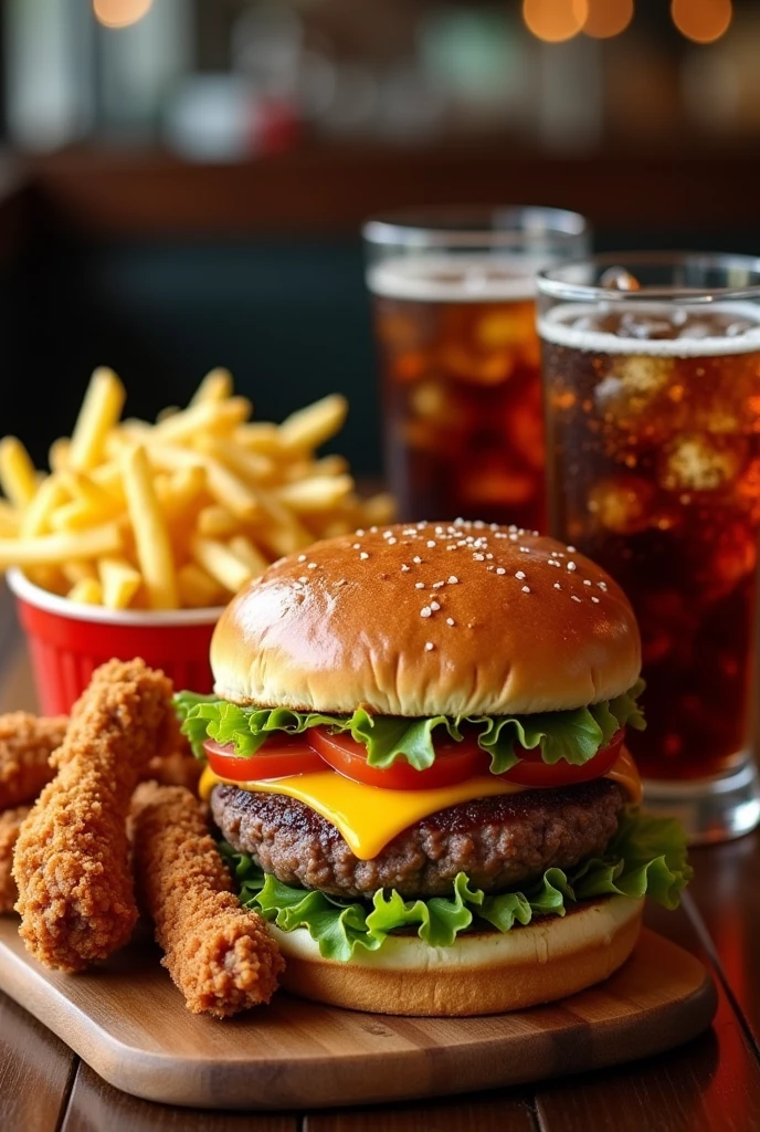 Two plain hamburgers. four chicken wings, French fries, two cokes in a glass