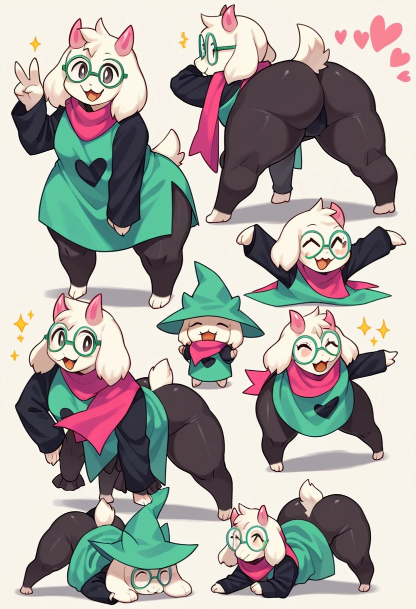 (score_9, score_8_up),furry, fur, face, Ralsei(deltarune), goat, dark fur, pink horns, black sleeves, cute, green glasses, hatless, green shirt, standing, arms up with his hands doing the peace sign,pink scarf,closed eyes, happy, smug face, bending over, wide hips, huge thighs, fat ass, back view, Jack-o pose, {{{kame (kamepan44231), no humans, chibi, jitome, fumo (doll)}}}, portrait. 1furry, many chibi