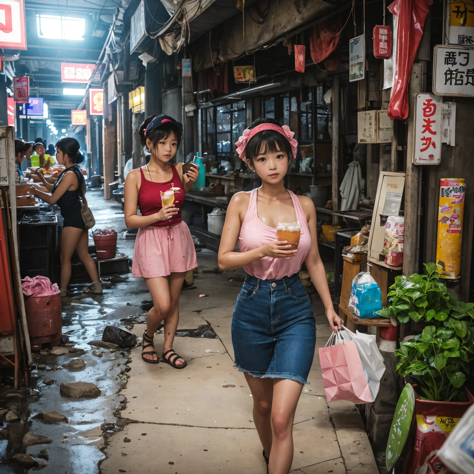 
((masterpiece、Highest quality))、Beautiful girls gather.、Girl in summer clothes、(Detailed and cute face:1.3)、(Poor conditions、Dim and unsanitary、Crumbling underground shopping mall、Showa Retro、屋台のdiet店、Cooking、Provide workers with food and drinks.:1.4)、stage、sewage、Dirty shop、street vendors、Unsanitary and abandoned city、smile、diet、Poor person々