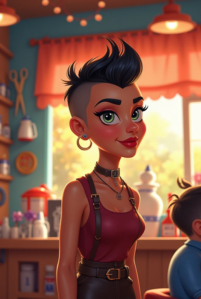 Create a Disney-style illustration of a female barber with very short, shaved hair and a piercing in her eyebrow.