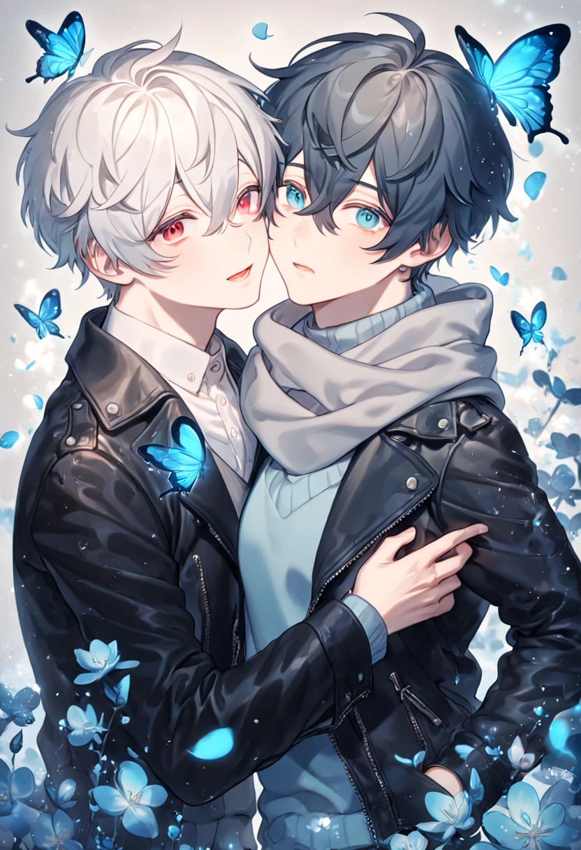absurdres, highres, ultra detailed, HDR, master piece, best quality, extremely detailed, Nezumi, Dark gray hair, expressive dark blue eyes, NO.6, Shion, white hair, hair between the eyes, expressive red eyes, two sexy men together, yaoi, gay couple, handsome, white collared shirt, light turquoise sweater, black leather jacket, gray scarf, fantasy, magical, blue moon, blue flowers, blue butterflies, blue petals, blossoms, water