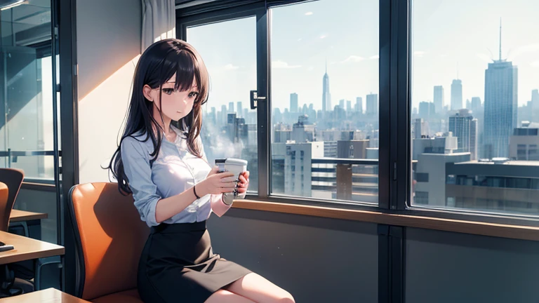 A working woman wearing a tight skirt、Please draw an illustration of someone taking a break by the window in the office.。A woman holds a coffee cup、Relaxing and looking at the view outside。The cityscape spreads in the background.。