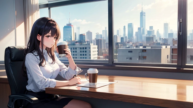 A working woman wearing a tight skirt、Please draw an illustration of someone taking a break by the window in the office.。A woman holds a coffee cup、Relaxing and looking at the view outside。The cityscape spreads in the background.。