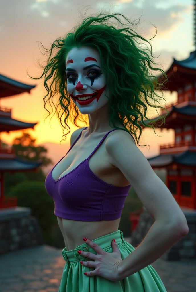 {
"prompt": "A faithful female version of the iconic Joker from DC Comics, reimagined with a seductive yet psychotic allure, wearing sexy, thematic attire while posing in a popular Japanese setting. She has pale white skin and wild, vibrant green hair styled in messy, chaotic curls. Her makeup is heavy and smeared, inspired by Heath Ledger’s Joker, with dark, hollow eyes surrounded by smudged black makeup and a blood-red, twisted smile that extends unevenly beyond the corners of her mouth, creating a chilling yet irresistible grin. She wears a form-fitting, purple crop top with a plunging neckline and a light green high-waisted mini skirt that highlights her toned physique. She completes the look with matching light green high-heeled sandals. She stands confidently in front of a traditional Japanese landmark, such as a pagoda or a torii gate, with the vibrant colors of the setting sun or city lights adding to the ambiance. Her pose is both alluring and provocative, with one hand resting on her hip and the other playfully twirling her green hair. Her gaze is filled with a mix of madness and seduction, creating a striking and unforgettable contrast between her chaotic appearance and the serene beauty of the Japanese backdrop.",
"size": "1024x1792"
}