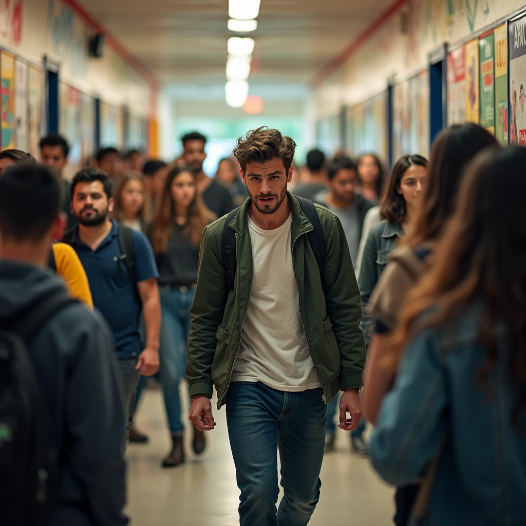 I need a male student with a detailed angry face walking down the university hallway with a group of people whispering in the background.
