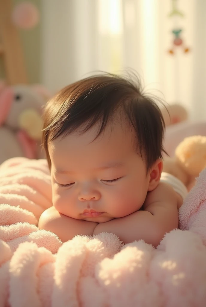 A baby with black hair, big cheeks and slanted eyes