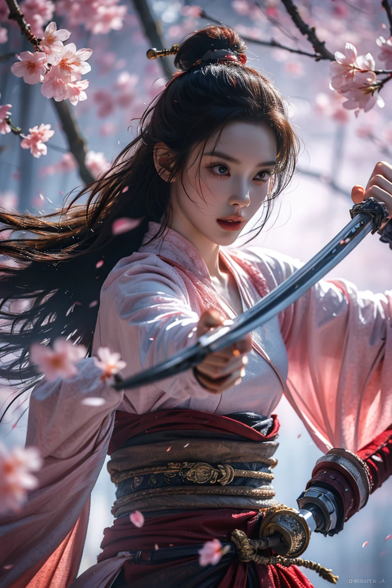 Upper Body,Blade to the side,Striking posture,Blade down,Right hand blade,Cherry blossoms,, (masterpiece, best quality, high quality, High resolution, Super detailed),