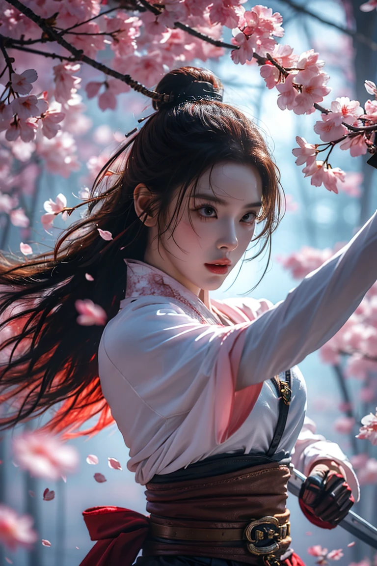 Upper Body,Blade to the side,Striking posture,Blade down,Right hand blade,Cherry blossoms,, (masterpiece, best quality, high quality, High resolution, Super detailed),