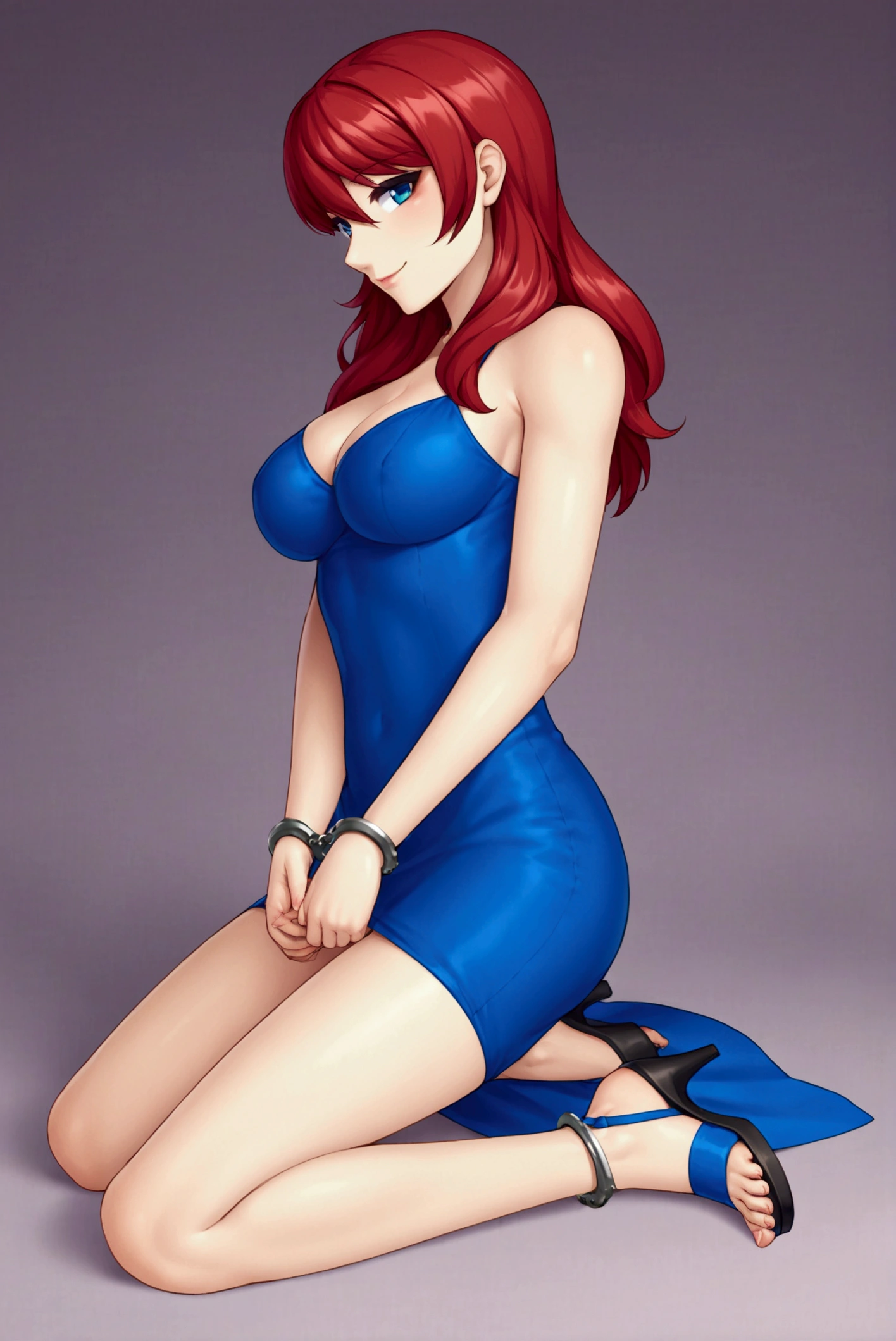 Excellent image, a young adult woman with bright makeup in a blue lace mini dress with open shoulders, with red hair, wearing high heel sandals, Hands in handcuffs, handcuffs on hands, wrists are cuffed, arrest, Hands handcuffed, Posing in full growth, playful smile, hands behind your back, feet shoulder width apart, handcuffs with long chain on legs