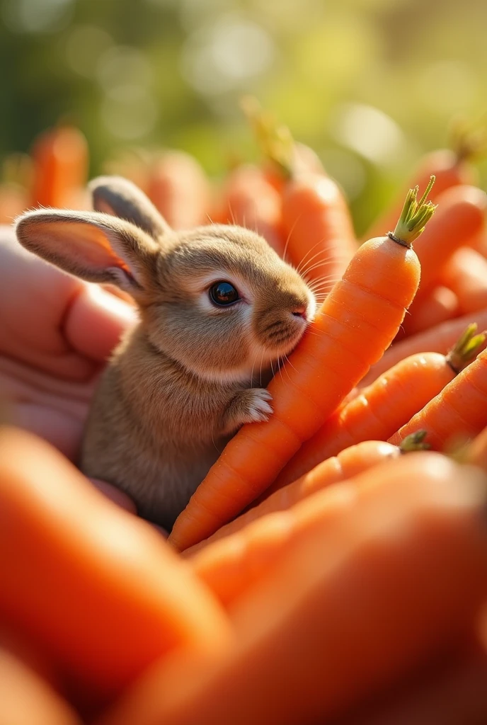 ((masterpiece,best quality,)),close up,side,A cute little rabbit resting in a pile of carrots,A sexy hand holding a carrot to feed a rabbit