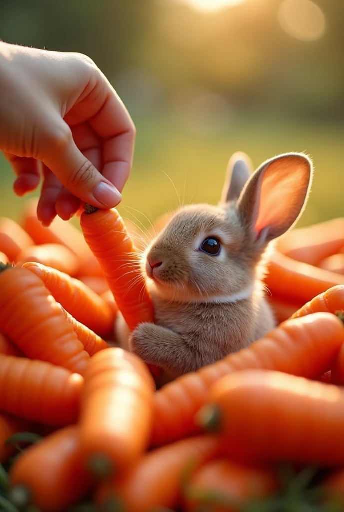 ((masterpiece,best quality,)),close up,side,A cute little rabbit resting in a pile of carrots,A sexy hand holding a carrot to feed a rabbit
