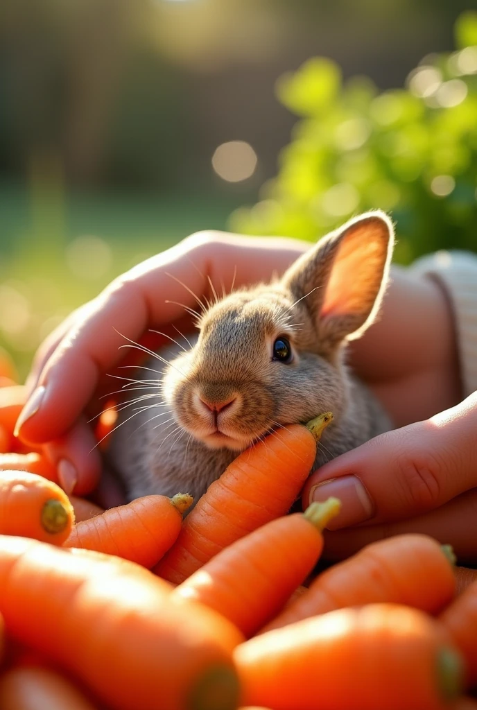 ((masterpiece,best quality,)),close up,side,A cute little rabbit resting in a pile of carrots,A sexy hand holding a carrot to feed a rabbit
