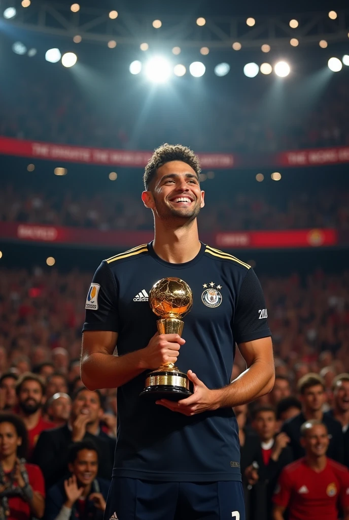 29-year-old adult male footballer with short, curly hair and a good physique winning the Ballon d'Or