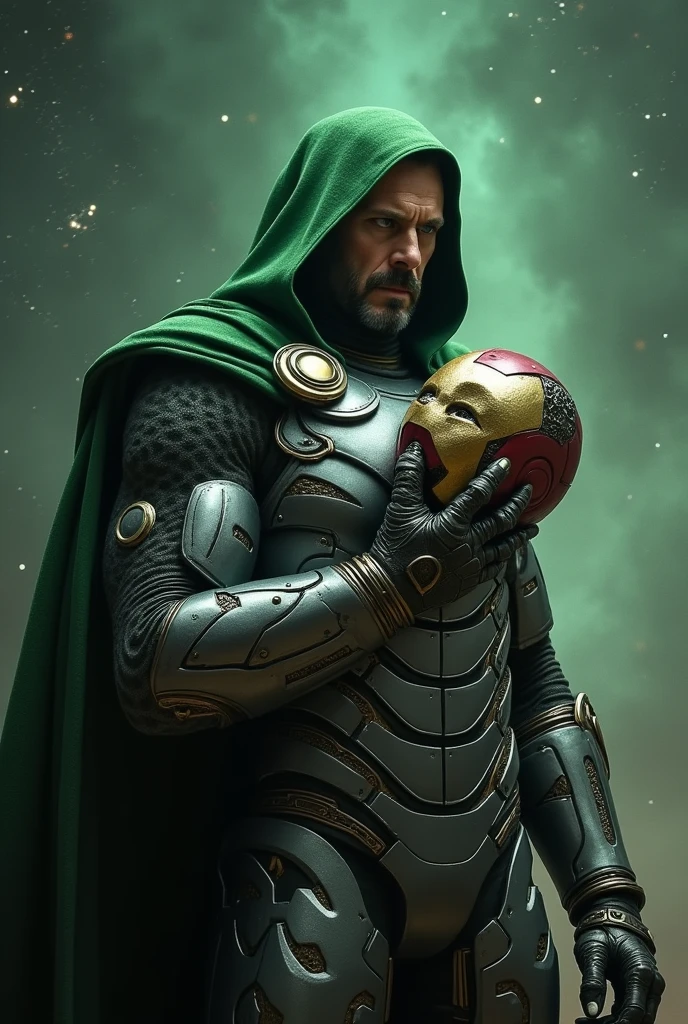 Generate Doctor Doom with Tony Stark's face holding and looking at the damaged Iron Man helmet, in detail with a space background and green and a little dark