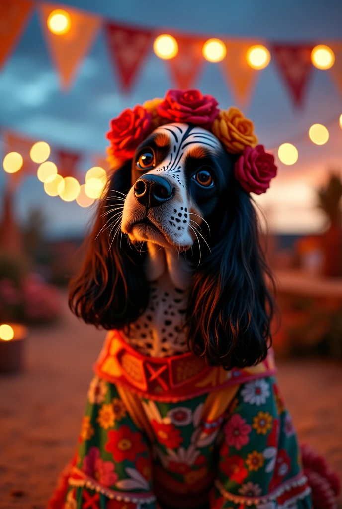 Cocker spaniel dog dressed as a Mexican Day of the Dead skull 
