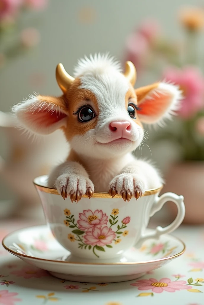 ((masterpiece,best quality,)),close up,side,A cute little cow placed in a teacup,Sexy holding a teacup
