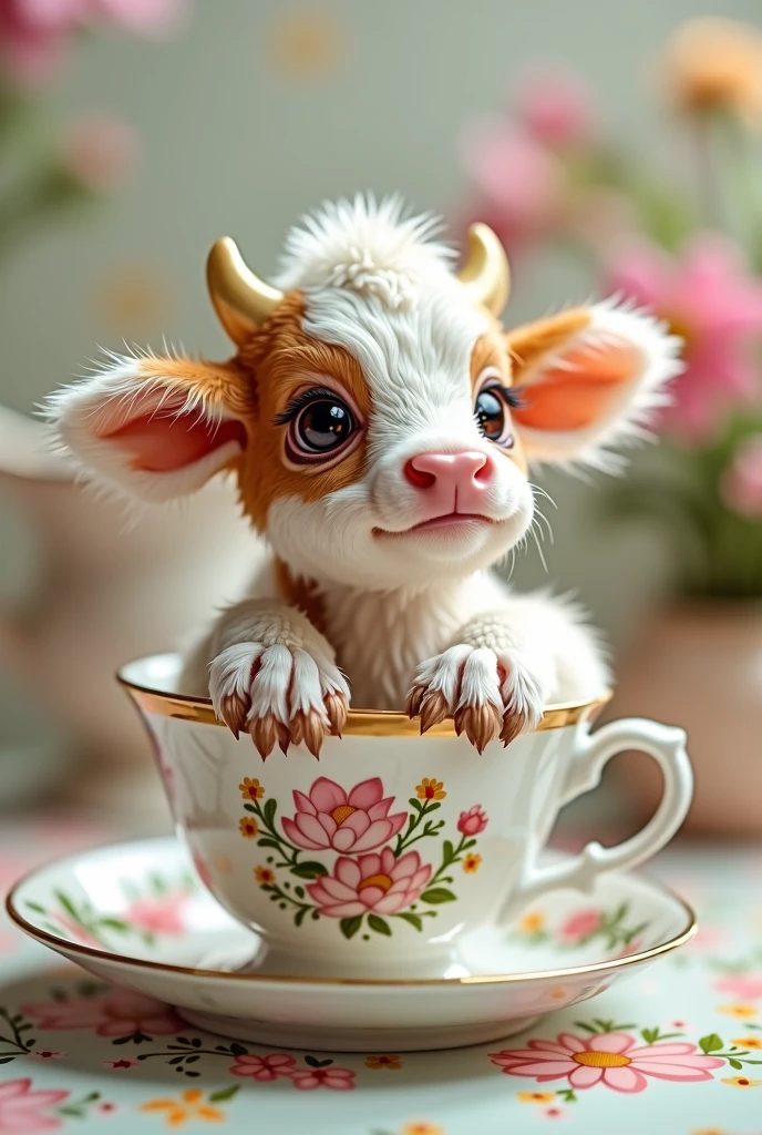 ((masterpiece,best quality,）），close up，side，A cute little cow placed in a teacup，Sexy holding a teacup