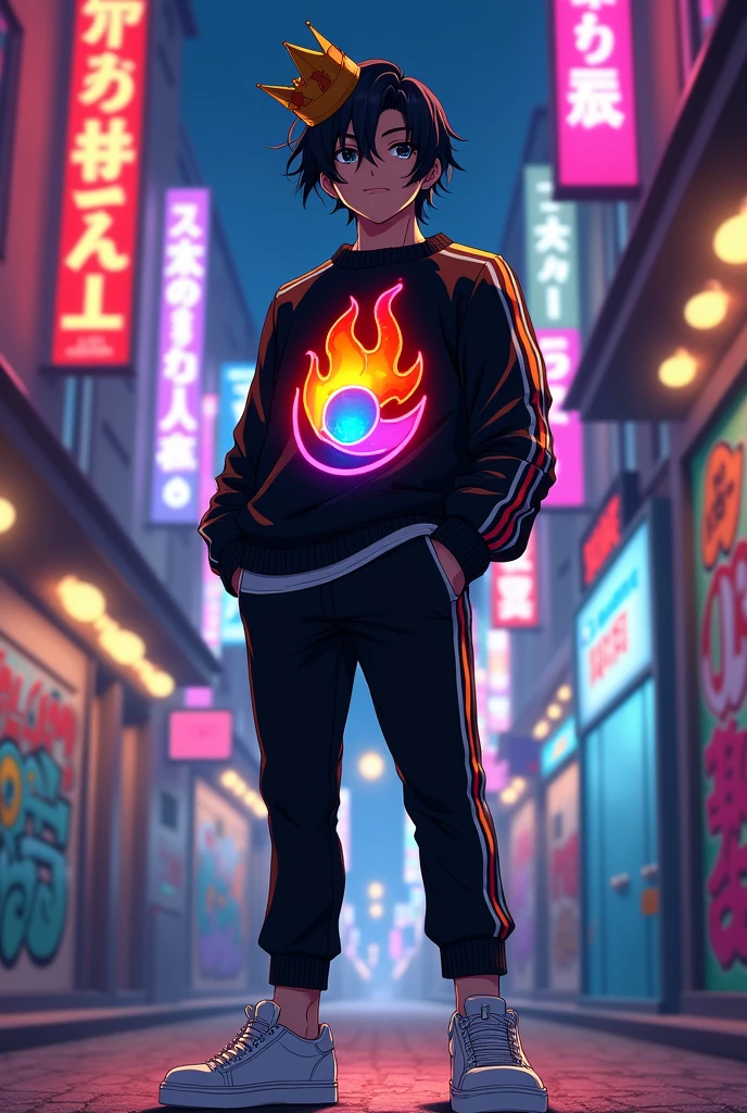 Adult anime character named Chico with black hair and a crown, wearing a black sweater with a red, orange, and yellow fire logo and rainbow stripes on the sides.. Black pants with white stripes on the sides and white shoes
