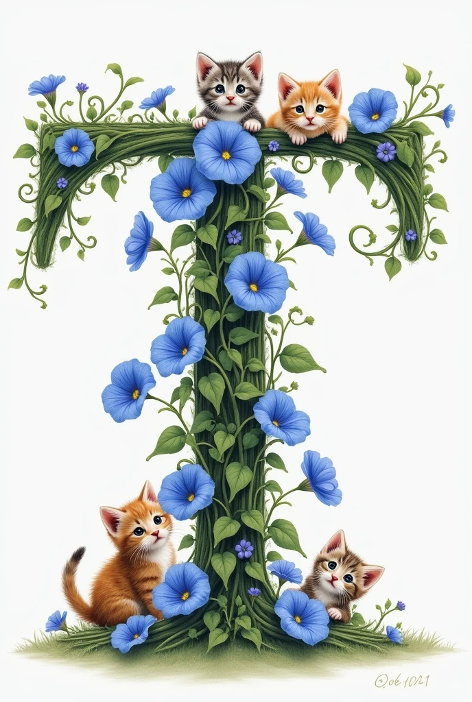 The alphabet ‘T’ for note-taking condition、Please draw it in a design similar to a morning glory vine.。Part of the vine、Combine cute kittens playing together。The kitten is in a playful pose、Create an overall soft and cute look。