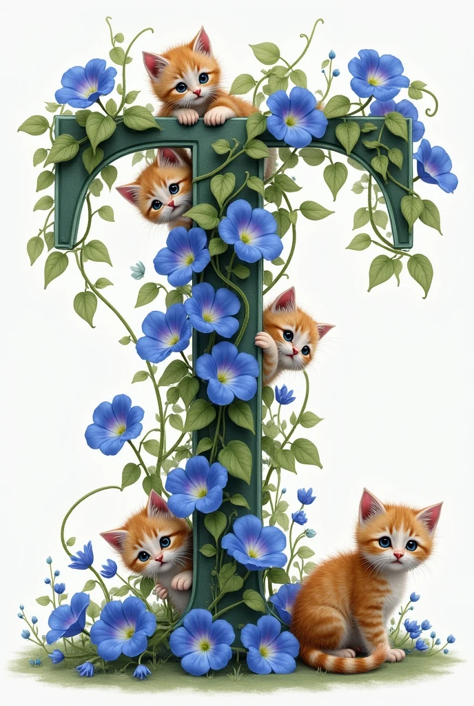 The alphabet ‘T’ for note-taking condition、Please draw it in a design similar to a morning glory vine.。Part of the vine、Combine cute kittens playing together。The kitten is in a playful pose、Create an overall soft and cute look。