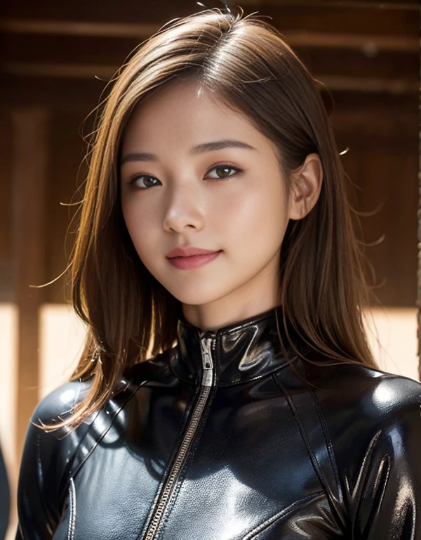 (1 girl)、highest quality、masterpiece、超A high resolution、(Photoreal:1.4)、Raw photo、1 girl、Wet Hair、hot、Sweat、(Wear skin-tight leather racing suits)、female rider、Long sleeve,、Leather Racing Gloves、Portraiture、Shadow、Octane Rendering、8k、Ultra Sharp、Metal、Intricate decorative detailore about Japan、Very intricate detail、Realistic Light、(smile)、Shining Eyes、To the camera、Small LED、close