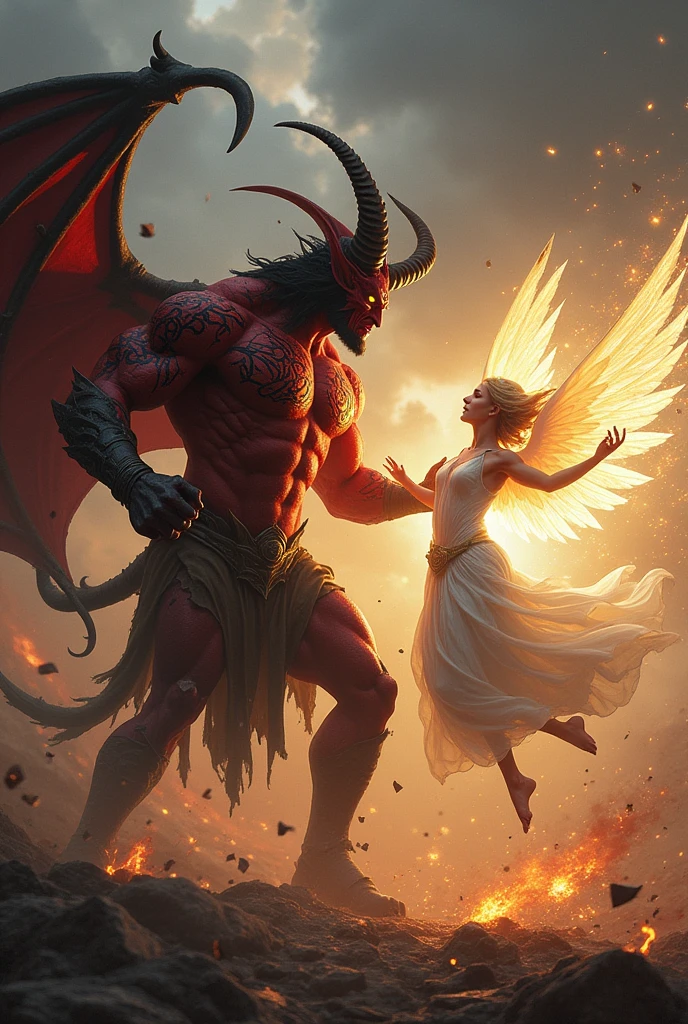 Create an image of a male demon , empowered , killing an angel