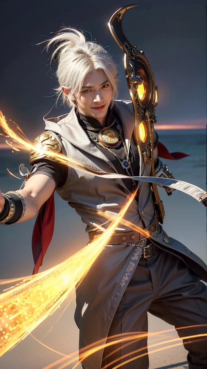 masculine male, masterpiece, ((perfect eyes)) best quality, (semirealism:1.9), beautiful lighting, (extremely detailed CG unity 4k fhd wallpaper), High Detail, Sharp focus, dramatic outdoors, 1 boy ,19 years old, white hair, light purpel eyes, smile.