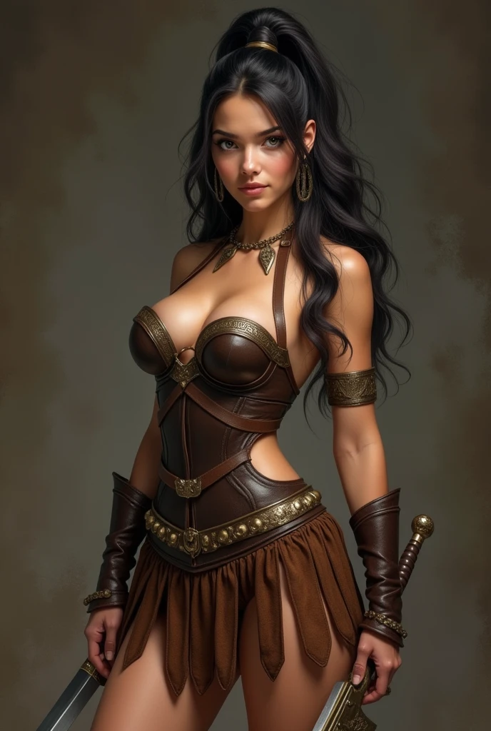 ((best quality)), ((masterpiece)), (detailed), NSFW, small breasts, prominent collarbones, skinny arms, flat and toned stomach, visible hip bones, full body, long hair, dark hair, ponytail, thick ponytail, heavy ponytail, Realistic Shadows, Detailed skin, Very small breasts, Hair Ribbon, Very detailed, highly detailed face, Perfect face shape, Perfect lips, Perfect nose, Correct beautiful eyes, Watching Viewer, Best Quality, Single Girl, young female warrior, dressed in a tasteful, revealing outfit that emphasizes her strength and agility, Her outfit should be like a greek hoplite armor and can include elements like a fitted leather armor with deep cleavage, a short skirt, thigh-high boots and showing her toned abs. She should have long, flowing hair, and carry a sleek, elegant weapon like a sword or bow. The overall look should be empowering and sexy,
