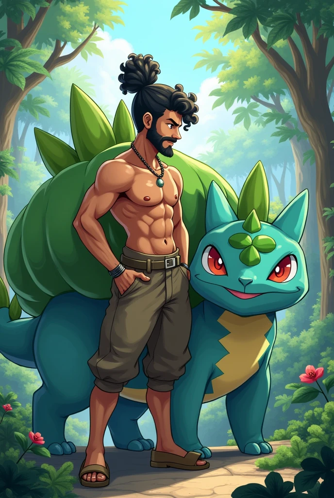 draw a Latin Pokemon trainer with a bun and curly hair, scraped on the side, with beard and mustache, next to the pokemon venusaur