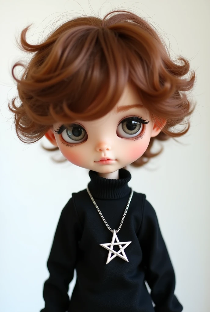 Blythe doll boy brown-copper hair, brown eyes, wavy hair,  pentagram necklace of silver color, black shirt, Fringe covering his forehead White background
