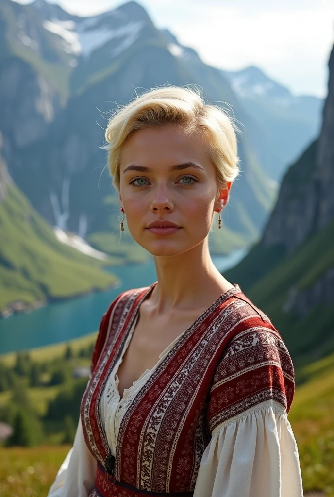 Norwegian woman , blonde with a thin face , blue colored eyes , short blonde hair, fleshy lips , breasts small, upturned nose , breasts small a mostra