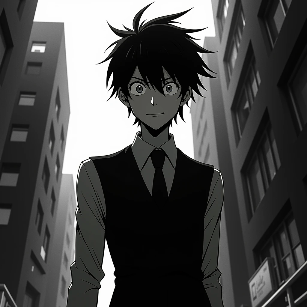 Generate a high-contrast black and white anime-style character, inspired by the look and attitude of Kira from Death Note, but with a Disney/Pixar twist. The character should have an intelligent and confident demeanor, with sharp, defined features, styled hair, and an intense, calculating gaze. The expression should convey a 'I'm unbeatable' attitude, with a slight smirk to emphasize the character's superiority and self-assuredness. The character should have the smooth, high-quality rendering typical of Disney/Pixar characters, while maintaining the dramatic lighting and strong contrasts of the original anime style. The overall scene should reflect a blend of both styles, creating a unique and high-quality visual experience