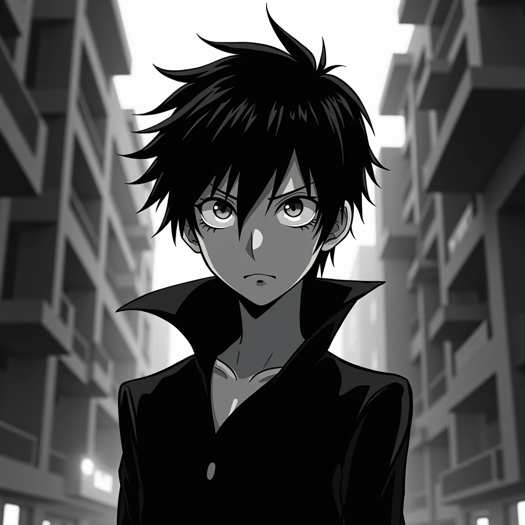 Generate a high-contrast black and white anime-style character, inspired by the look and attitude of Kira from Death Note, but with a Disney/Pixar twist. The character should have an intelligent and confident demeanor, with sharp, defined features, styled hair, and an intense, calculating gaze. The expression should convey a 'I'm unbeatable' attitude, with a slight smirk to emphasize the character's superiority and self-assuredness. The character should have the smooth, high-quality rendering typical of Disney/Pixar characters, while maintaining the dramatic lighting and strong contrasts of the original anime style. The overall scene should reflect a blend of both styles, creating a unique and high-quality visual experience