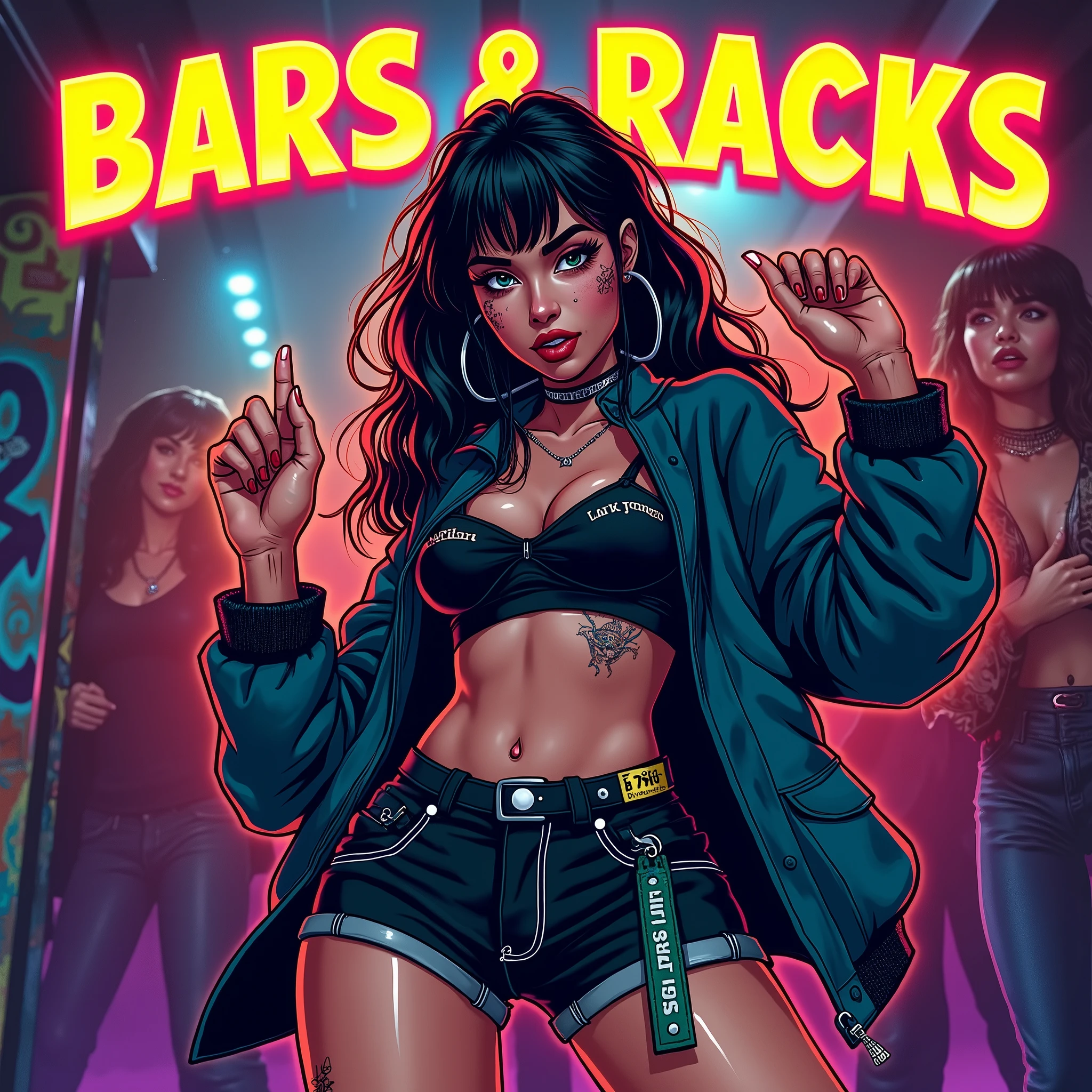 Asian Girl Rapper, dancing, gang party, in the club, pretty, face_tattoos, comic style, cartoon, party, Album cover, "BARS & RACKS", Letters say BARS & RACKS, dark, comic style, gangster, tech wear outfit, dynamic