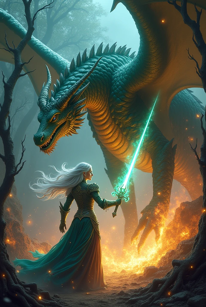 a dragon battling a queen