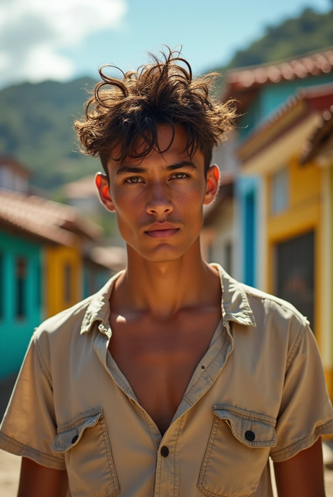 Man, beautiful, attractive face, hazel eyes, perfect jaw and chin, muscular, defined, attractive body , wearing a dirty, torn shirt , rebellious brown hair, sun-burnt , in the Brazilian favela , with houses from Brazil , young boy of 18 years old, dark-skinned