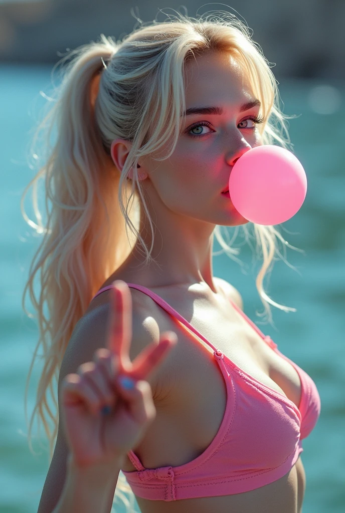 (Juliet Starling from Lollipop Chainsaw - Realistic SDXL)) with a stunning beauty. Her hair is pulled back in a long, flowing ponytail, adding a touch of informality. Her breast is exposed and visible and highly detailed, her aureula is pink contrasting with her pale whit e skin, she has no shirt, just pure skin, her eyes are just like heaven. Peace Sign: Her hand, raised in a casual gesture, forms a peace sign ("V"). This symbol adds a touch of positivity and reflects a carefree spirit. Full body. The simple off-the-shoulder top complements the minimalist approach and allows the focus to remain on the woman's face and expressive features. Playful Twist: Bubble Gum Surprise: A touch of unexpected whimsy is introduced through a large bubble of pink gum inflating from her mouth. Imagine the bubble obscuring part of her face in a playful and lighthearted way. Breast level shot, Real Photo f35mm lens, photography, ultra details, cinematic lighting, volumetric rays, moody, wet, excessive detail, highly real, dreamlike cinematic, smooth, detailed, hyperrealism, clear reflection, post production, post-processing, 8k, HDR, Super-Resolution, Soft Lighting, Lumen Reflections, pastel color palette, art deco, translucent, bioluminescent, 8k portrait render, deep ocean ,ethereal, artstation, realistic, lighting, Canon EOS R3, f/1.4, ISO 200, 1/160s, 8K, RAW, unedited, symmetrical balance, in-frame, 85mm f1.8, real life