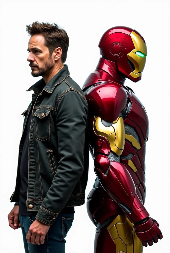 Tony Stark, with his battle-torn clothes, and Iron Man, with their backs bumping, are looking in opposite directions, their profiles in fighting stances., full body
Drawing with white background