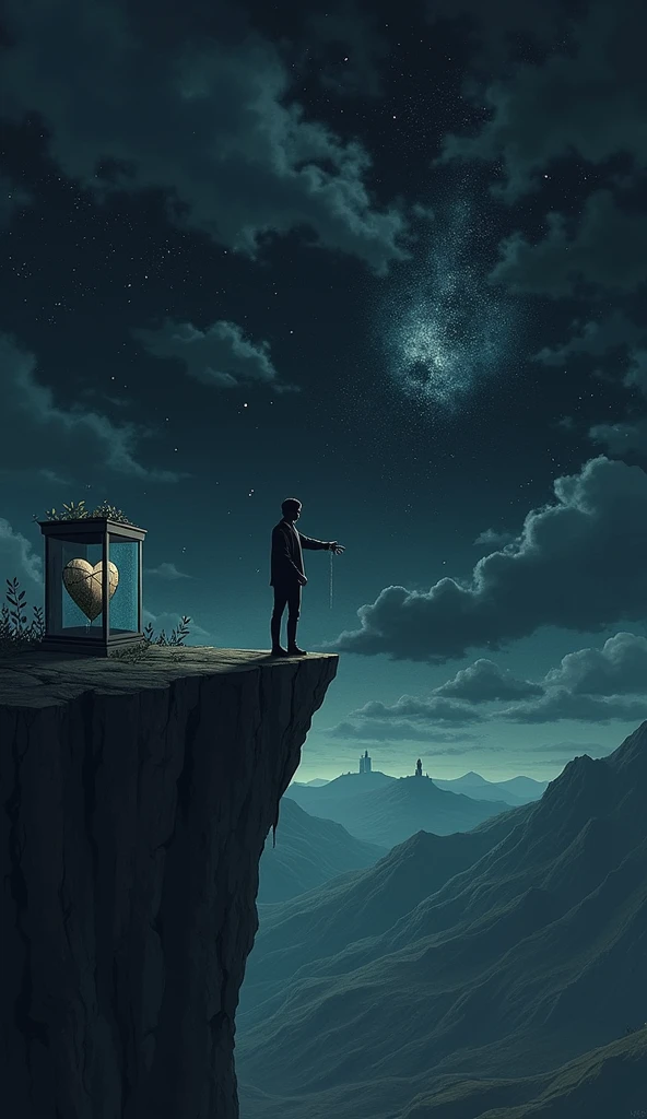 A deeply emotional and surreal illustration capturing the essence of heartbreak and separation. The scene is set on the edge of a towering cliff, with a figure standing alone, looking out into a vast, dark abyss. The figure, representing the singer, is partially in shadow, symbolizing the emotional pain and confusion. Their hand is outstretched, as if reaching for someone who has already let go, with the faint silhouette of a distant figure fading away in the background, symbolizing the lost connection.
Above the abyss, a vast night sky is filled with swirling dark clouds, reflecting the inner turmoil. In the sky, faint outlines of memories are visible—two hands once held together, now separated, echoing the lyrics. The stars are dim, as if the light has been drained from the world.
In the foreground, there is a bookshelf with a heart encased in glass, symbolizing the love that has been 'put on a shelf.' The heart is cracked, and vines have begun to grow around it, signifying the passage of time and the process of letting go.
A single tear falls from the figure’s eye, transforming into a small river that flows off the edge of the cliff, representing the lingering sadness. In the distance, a path can be seen leading away from the cliff, symbolizing the journey the figure must now take alone.