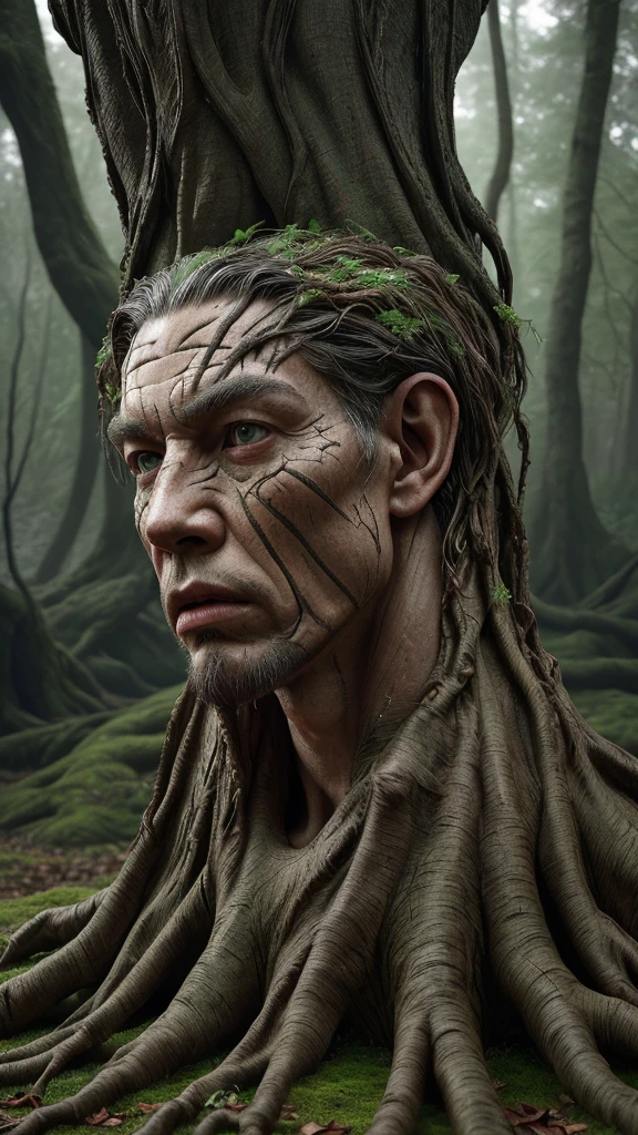 a muscular humanoid tree creature, detailed face of seu madruga, intricate bark texture, twisted branches, gnarled roots, vibrant foliage, dramatic lighting, hyper-realistic, cinematic composition, masterpiece, 8k, photorealistic