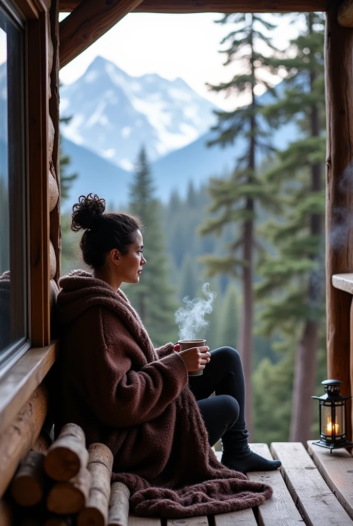Picture a woman sitting on the porch of a rustic mountain cabin, surrounded by towering pine trees and snow-capped peaks. She has dark, curly hair tied up in a loose bun and is wrapped in a thick, woolen blanket. She wears a comfortable flannel shirt and leggings, and she is holding a steaming mug of hot cocoa. Her expression is peaceful as she looks out at the breathtaking view of the mountains. The wooden cabin is cozy, with smoke curling from the chimney, and a couple of logs are stacked nearby. A small lantern hangs on the porch, adding a warm glow to the chilly mountain air.