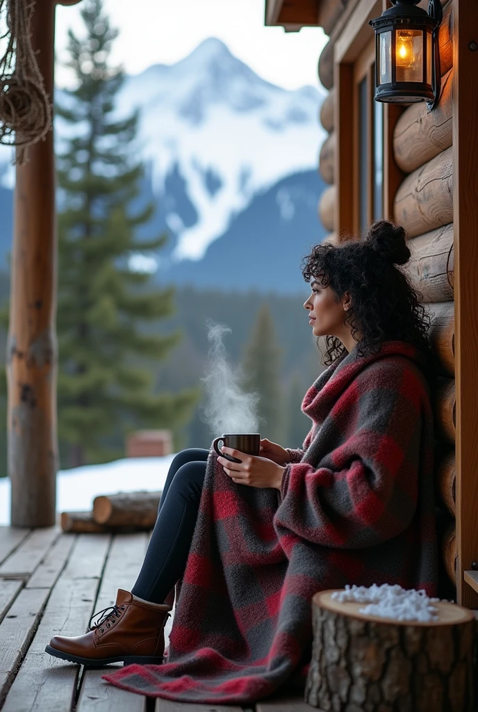 Picture a woman sitting on the porch of a rustic mountain cabin, surrounded by towering pine trees and snow-capped peaks. She has dark, curly hair tied up in a loose bun and is wrapped in a thick, woolen blanket. She wears a comfortable flannel shirt and leggings, and she is holding a steaming mug of hot cocoa. Her expression is peaceful as she looks out at the breathtaking view of the mountains. The wooden cabin is cozy, with smoke curling from the chimney, and a couple of logs are stacked nearby. A small lantern hangs on the porch, adding a warm glow to the chilly mountain air.