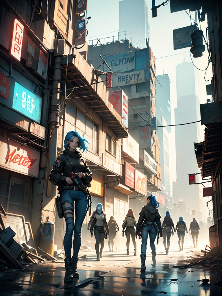 A post-apocalyptic scene in New York, 4 girls in front, 4 girls in retro-style outfits, tight blue jeans, blue,red,black,white clothes, tall ponytails, blue hair, holding light guns, fierce poses, (best quality,4k,8k,highres,masterpiece:1.2),ultra-detailed,(realistic,photorealistic,photo-realistic:1.37),extremely detailed girls, beautiful detailed eyes,beautiful detailed lips,extremely detailed eyes and face,long eyelashes,highly detailed environment,dystopian,cinematic lighting,dramatic shadows,gritty,grunge,muted colors,post-apocalyptic,abandoned city,rubble,concrete,neon signs,cyberpunk,retrofuturistic