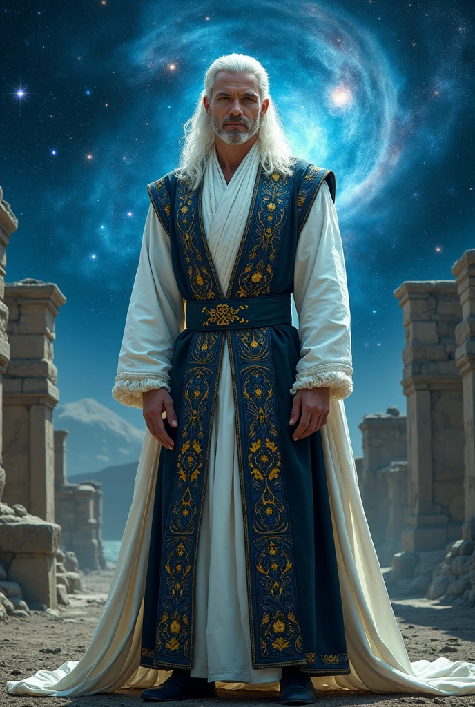 Make a man with white hair slicked back , wearing white clothing and a black vest with blue and yellow in a medieval style , White skin color, that they have cosmic powers