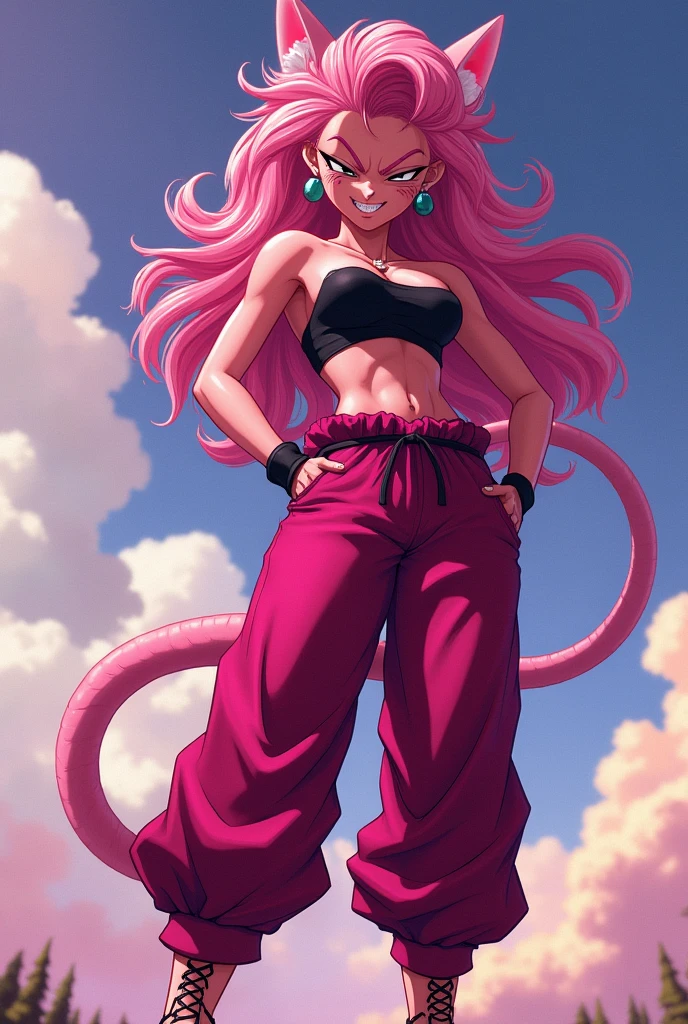 Android 21 from dragonball, black sclera, pink skin, tube top, bracelet, harem pants, high heels, tail, white hair, giant breasts, staying on top of you pov, grabbing breasts, laughing, sharp teeth,