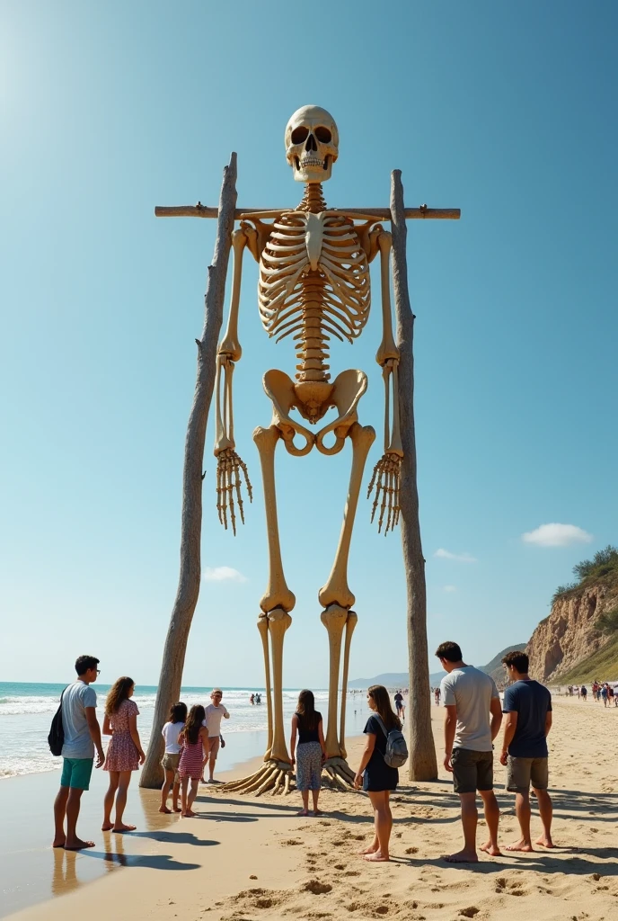 (photorealism:1.2), human skeleton of sea beach, people standing around it size of skeleton very large skeleton hange with the help of wooden slave
